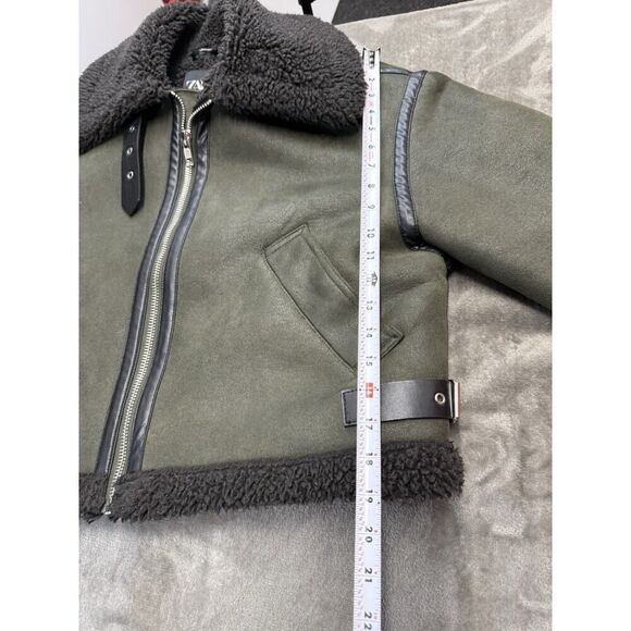 Zara Dark Olive Faux Shearling Double Faced Aviator Jacket Women Size XS Sherpa - Picture 11 of 13